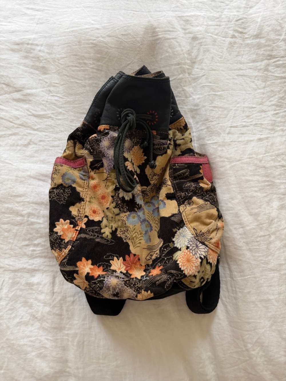 Lucky Brand Black Floral Drawstring Backpack with Pink Accents, vintage
